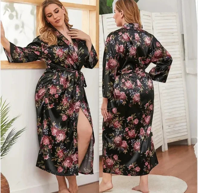 qgtao Oversize Long Robe Spring Summer Women Sleepwear Kimono Bathrobe Gown Sexy Satin Nightwear Nightgown Loose Home Dressing Gown