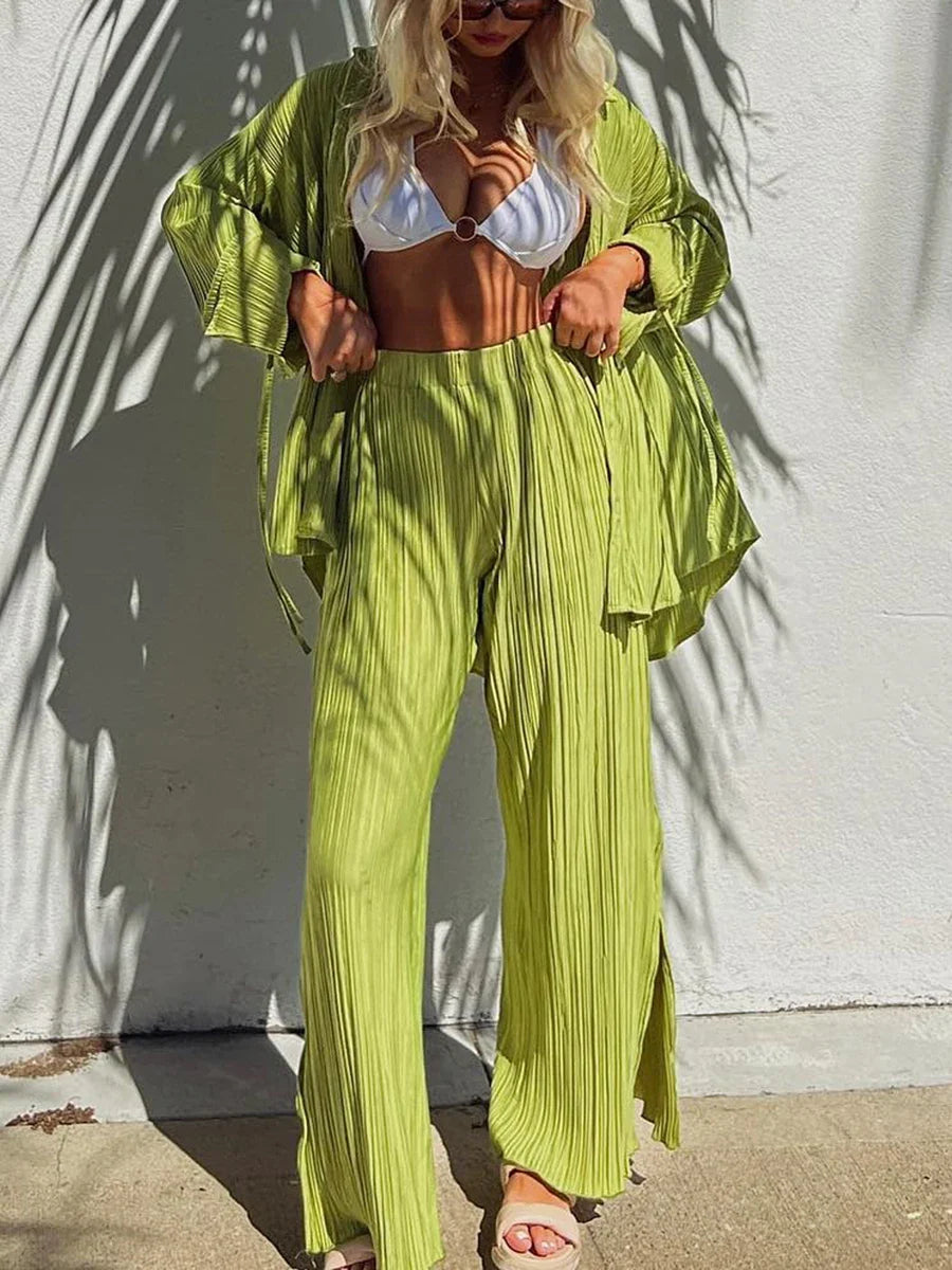 qgtao Women Pleated Pants Suits Set Casual Chic Solid Color Long Sleeve Oversize and Wide Leg Pants Trousers 2023 Elegant Tracksuit