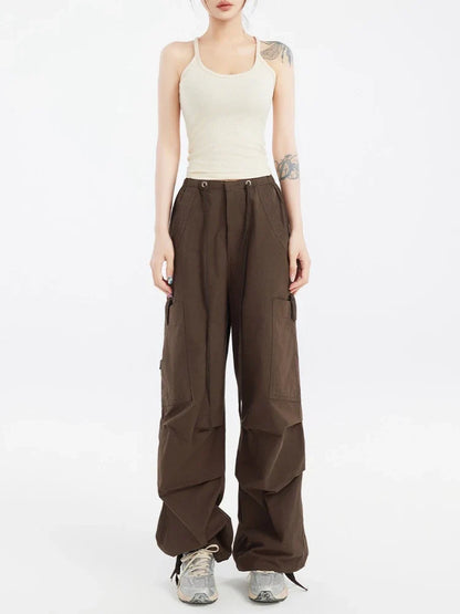 QWEEK Baggy Cargo Pants Women Oversize High Waist Vintage Folds Trousers Streetwear Multiple Pockets Drawstring Jogger Pants