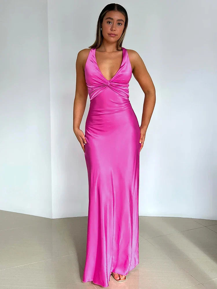 qgtao Satin Bow Backless Sexy Maxi Dress For Women Gown Fashion V Neck Sleeveless Club Party Evening Dress Elegant