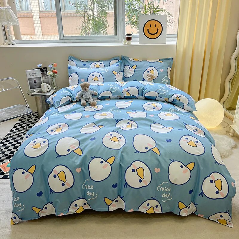 Yeknu - Floral Printed Duvet Cover Set with Sheet Pillowcases Warm Cute Cartoon Bed Linen Full Queen Size Home Gift Bedding Set