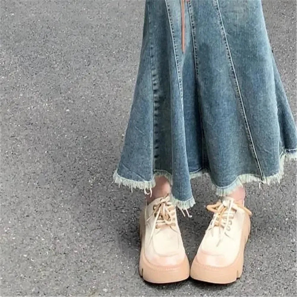 qgtao Y2k Aesthetic Vintage High Waist Denim Midi Skirt Slim Women Korean Streetwear Bandage Mermaid Skirts Elegant Blue Trumpet Skirt