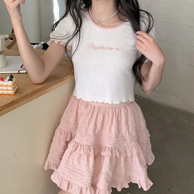 qgtao kawaii Japanese Style Women Mini Skirt Ruffle Layered Lolita Pink Cutecore Sweet Short Skirts Lace Elegant A-line Skirt