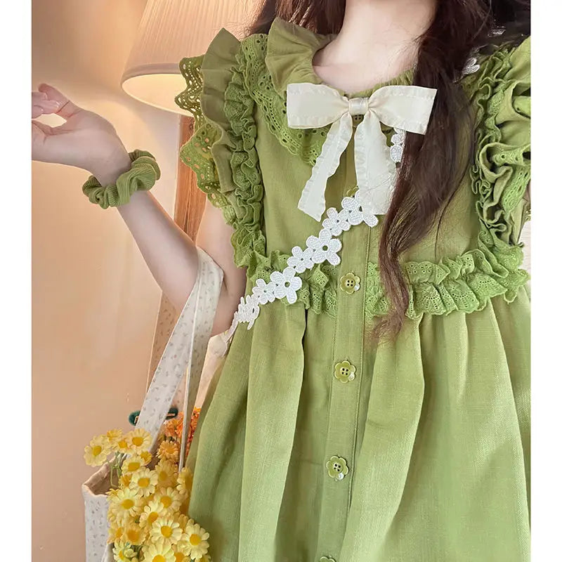 qgtao Summer Green Kawaii Lolita Dress Women Bow Designer Party Mini Dress Female Casual Korean Fashion Lace Elegant Cute Dress 2023