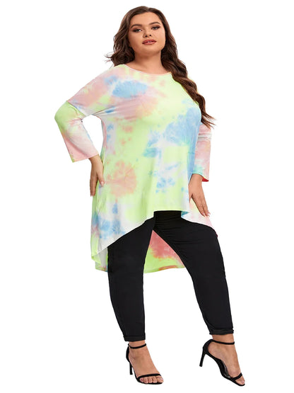 qgtao Plus Size Long Sleeve Elegant Tie Dye Tunic Tops Long Loose Autumn Hi Low Swing Blouse T-shirt Plus Size Clothing Women 6XL 7XL