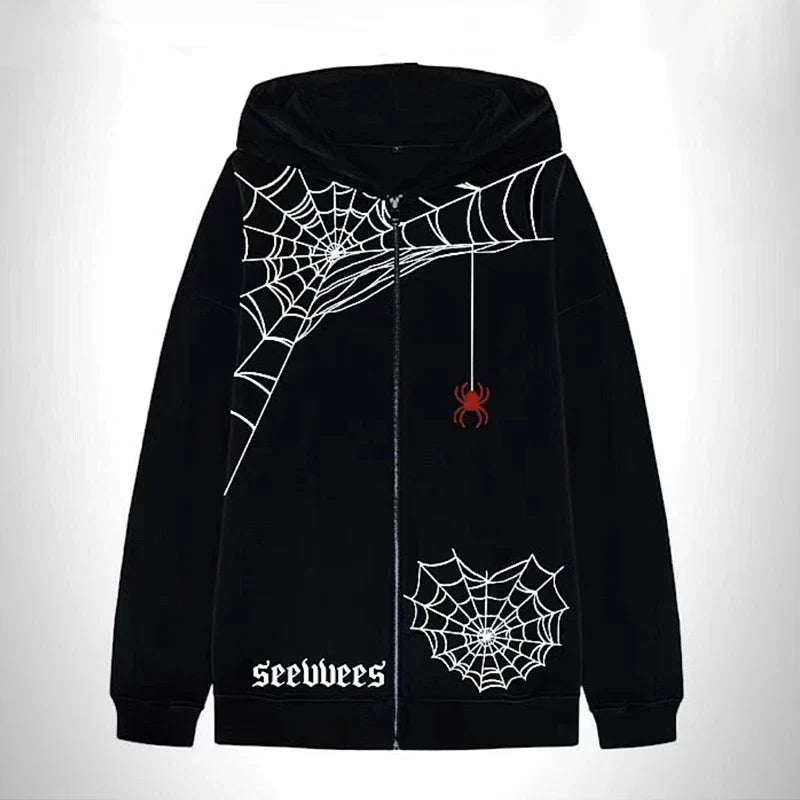 qgtao Y2K Spiders Printed Zip Up Oversized Sweatshirt Autumn Goth Hoodie Men And Women Grunge Hoodies Jacket Zipper Streetwear Clothes