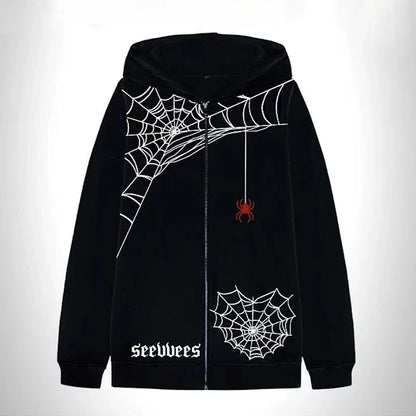 qgtao Y2K Spiders Printed Zip Up Oversized Sweatshirt Autumn Goth Hoodie Men And Women Grunge Hoodies Jacket Zipper Streetwear Clothes