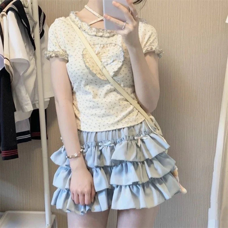 qgtao Kawaii Lolita Ruffle Women Skirt Cutecore Sweet Japanese Style Mini Skirts Layered Bow Patchwork Pleated Short Skirt