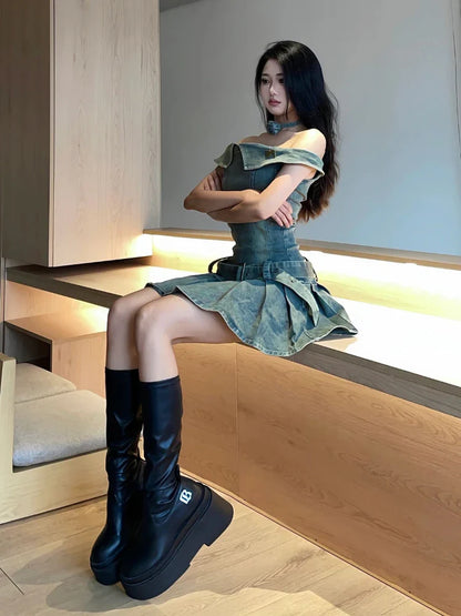 qgtao Streetwear Denim Mini Dress Women Sexy Slim Korean Fashion Vintage Off The Shoulder Pleated Dresses Summer Slash Neck