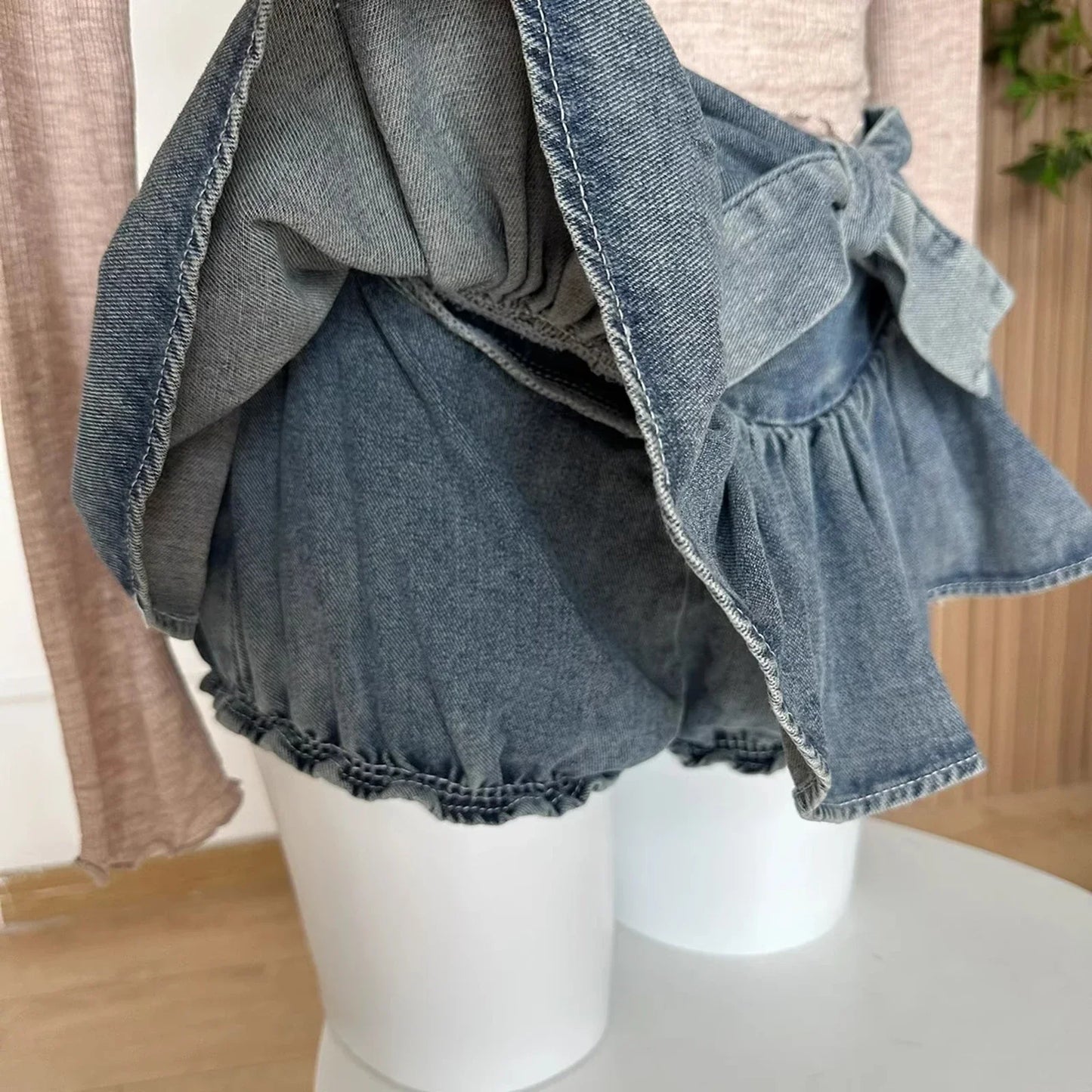 qgtao Women Bow Pleated Jean Skirt Shorts Summer Trendy Irregular Hem Sexy Spice Girl A-line Denim Mini Skirts Vintage Chic Streetwear