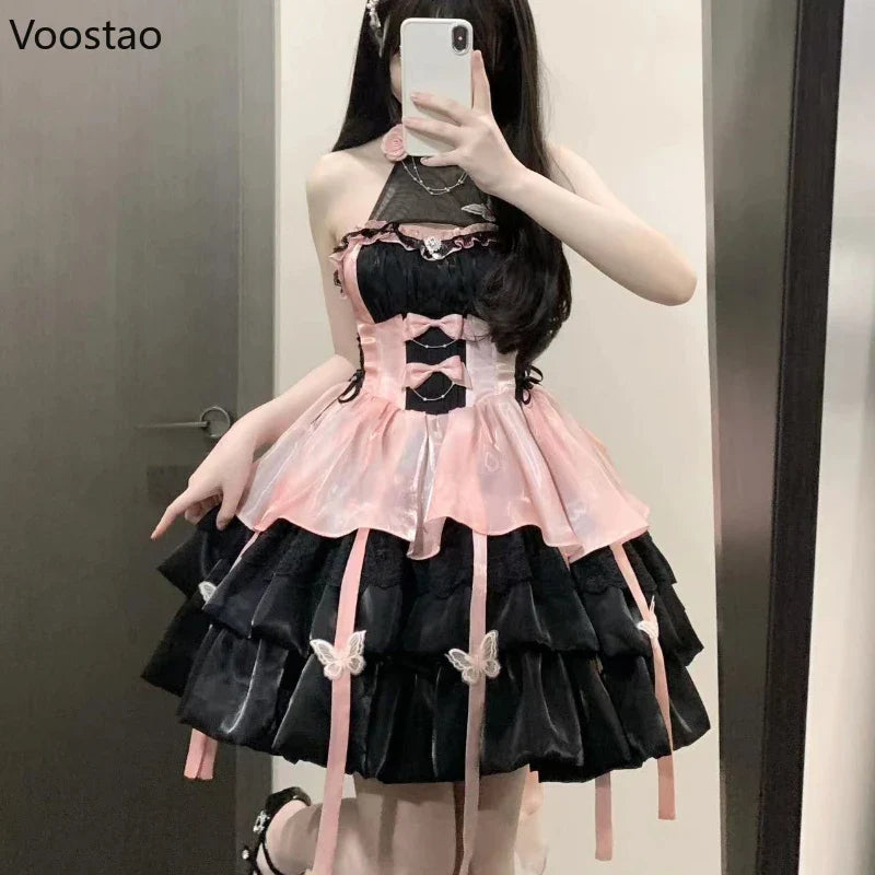 qgtao Vintage Victorian Lolita Princess Mini Dress Women Gothic Y2k Bow Lace Ruffles Sleeveless Party Dresses Girl Sweet Elegant Dress