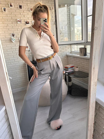 Mnealways18 Classic Grey Pleated Pants Woman 2024 Vintage Outfit Spring Baggy Pants Office Trousers Pocket Wide Leg Pants Ladies