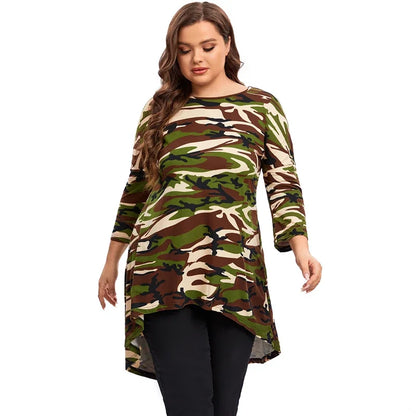 qgtao Plus Size Long Sleeve Camouflage Tunic Tops Long Loose Elegant  Autumn Hi Low Swing Blouse T-shirt Plus Size Clothing Women 6XL