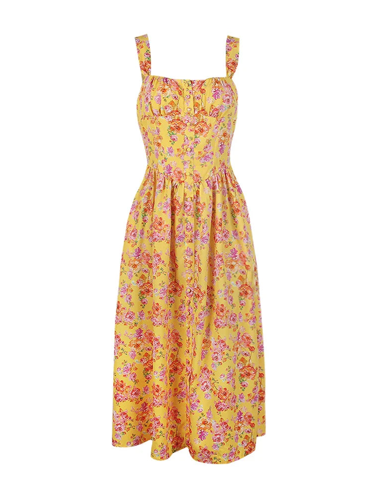 qgtao Summer Elegant Floral Print Midi Holiday Dress with Pocket Yellow Back Lace Up Party Dresses Casual Women Dress