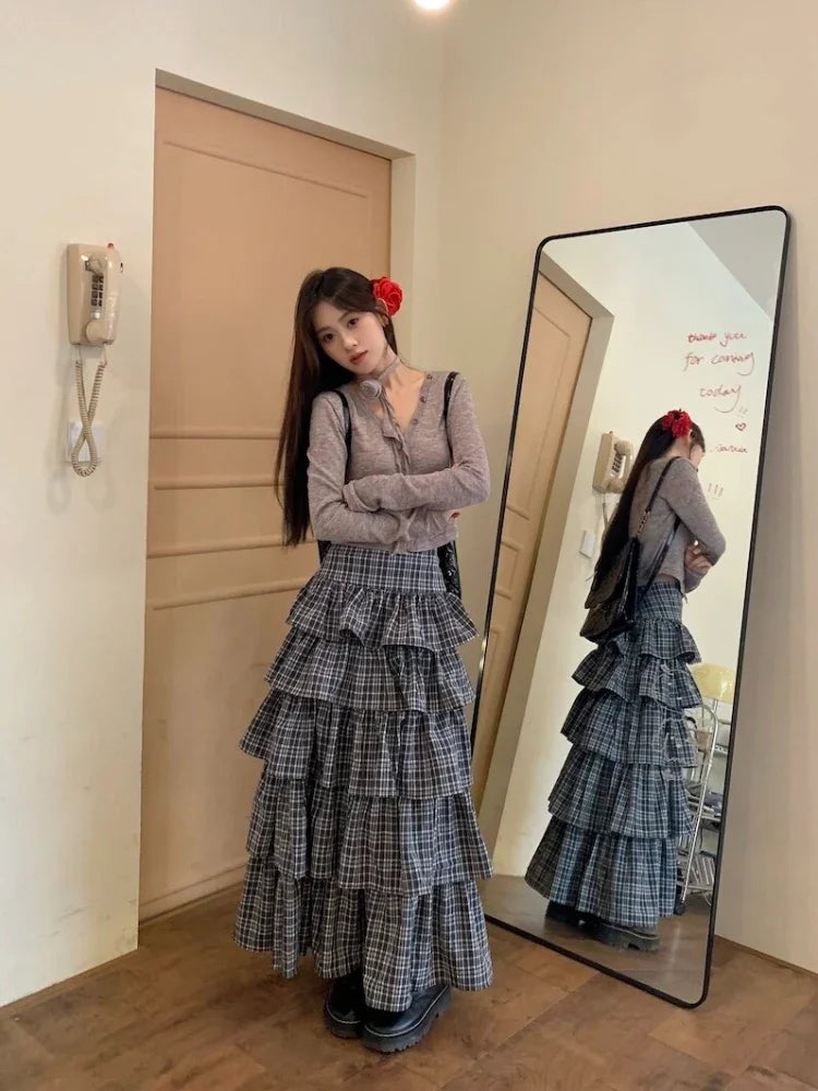 qgtao  -  Harajuku Tiered Plaid Skirt Pleated High Waist Long Maxi Cake Skirt Mujer Summer Fashion Tshirt Sexy Two Piece Set Women