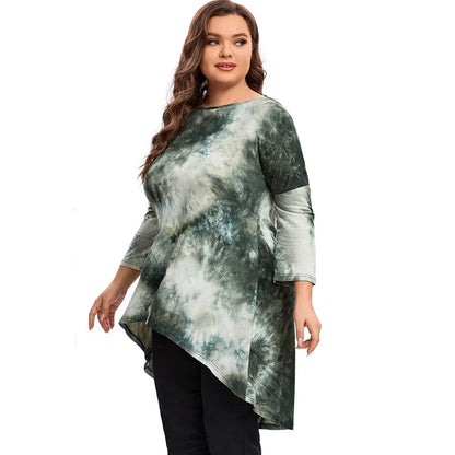 qgtao Plus Size Long Sleeve Elegant Tie Dye Tunic Tops Long Loose Spring Autumn Hi Low Swing Blouse Plus Size Clothing Women 6XL 7XL