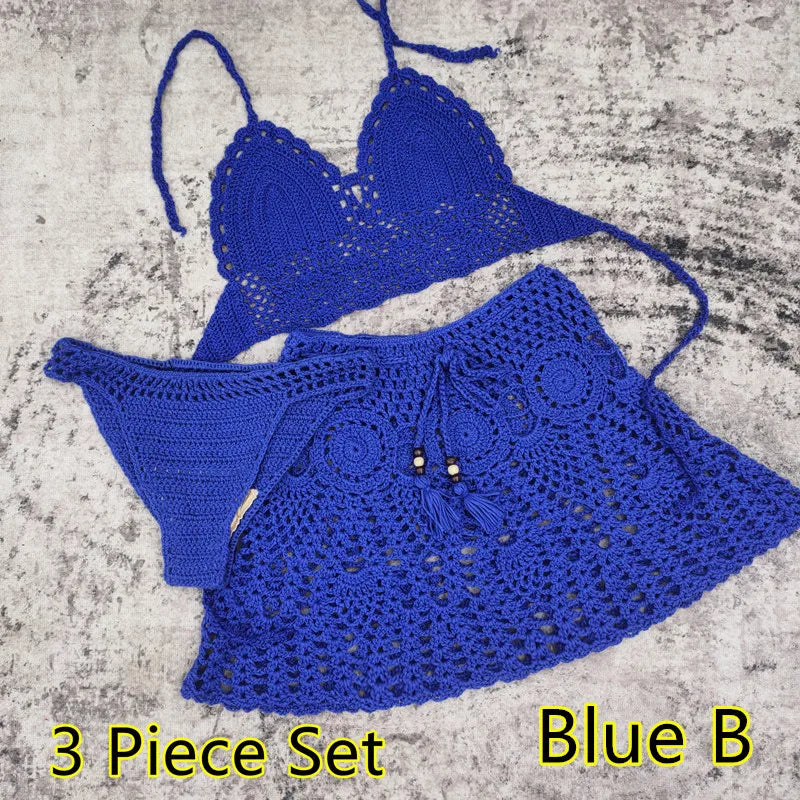 qgtao 2/3 Piece Set Hand Crochet Florens Bikini Women Sexy Beach Skirt Boho Style Elastic Waistband