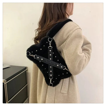 qgtao Gothic Rivet Plush Shoulder Bag Women Y2k Grunge Winter Subculture Messenger Bag Purse Ladies Harajuku Aesthetic Handbag