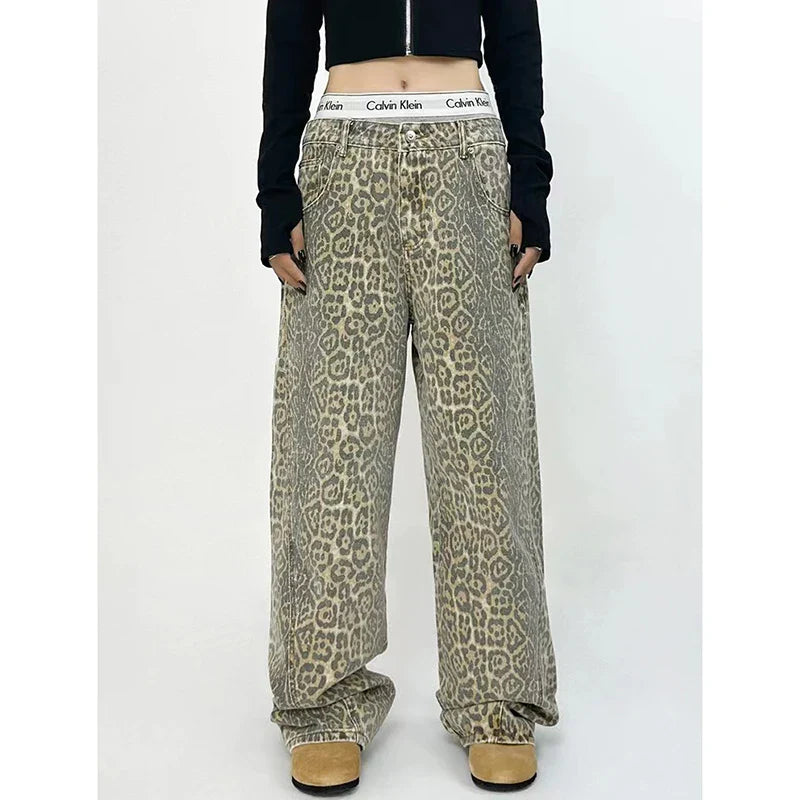 qgtao  -  American Retro High Street Casual Overalls Leopard Print Loose Wide Leg Pants For Women Y2k Hip-hop Cargo Grunge Baggy Trousers