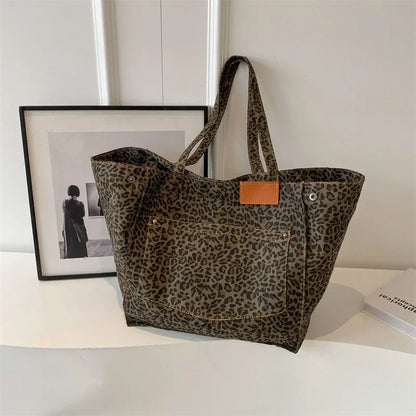 qgtao Oversized Leopard Prints Shoulder Bags for Women Deformable Canvas Large Capacity Shopping Totes 2024 Winter New Luxury Handbags