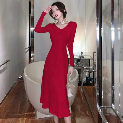 qgtao-Elegant Vintage Knitted Evening Dress for Women Autumn Winter Fashion Long Sleeve Slim Dresses Knit Sweater Lady Clothing 2023