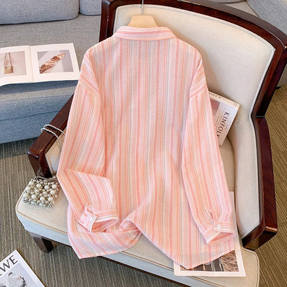qgtao Plus Size women's spring casual commuter shirt terylene cotton fabric striped top medium long pocket top comfortable breathable