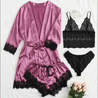 qgtao Woman Sleepwear 4pcs Floral Lace Trim Satin Pajamas Set with Robe Sexy Faux Silk Pijamas Robe Sets Casual Home Clothes Nightwear sleepwear