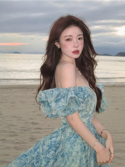 qgtao Floral Print Evening Party Dress Women 2024 Puff Sleeve Elegant Princess Long Dres Ladies France Vintage Open Fork Dress Summer