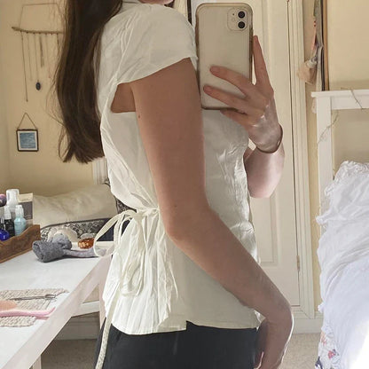 qgtao  Vntage Folds Crop Top White Button Up Short Sleeve Blouse Women Chic Bandage Korean Fashion T-shirt Casual Streetwear y2k