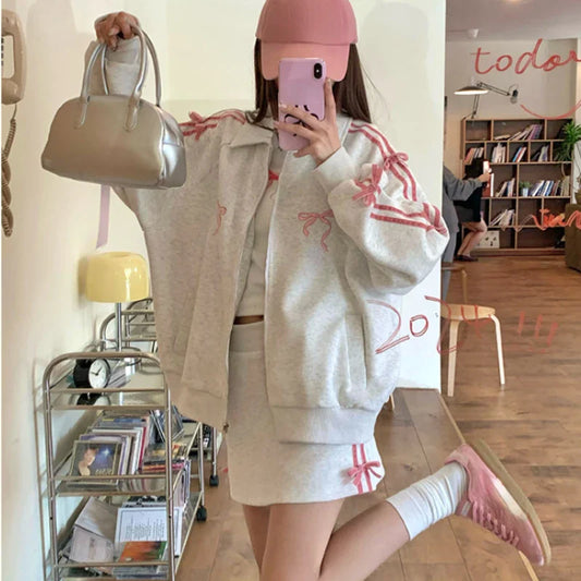 qgtao 2 Piece Skirt Sets Female Y2k Clothing Zipper Bow Sweet Korean Fashion Hoodie Suits Women Studentseven Party Outwear 2024