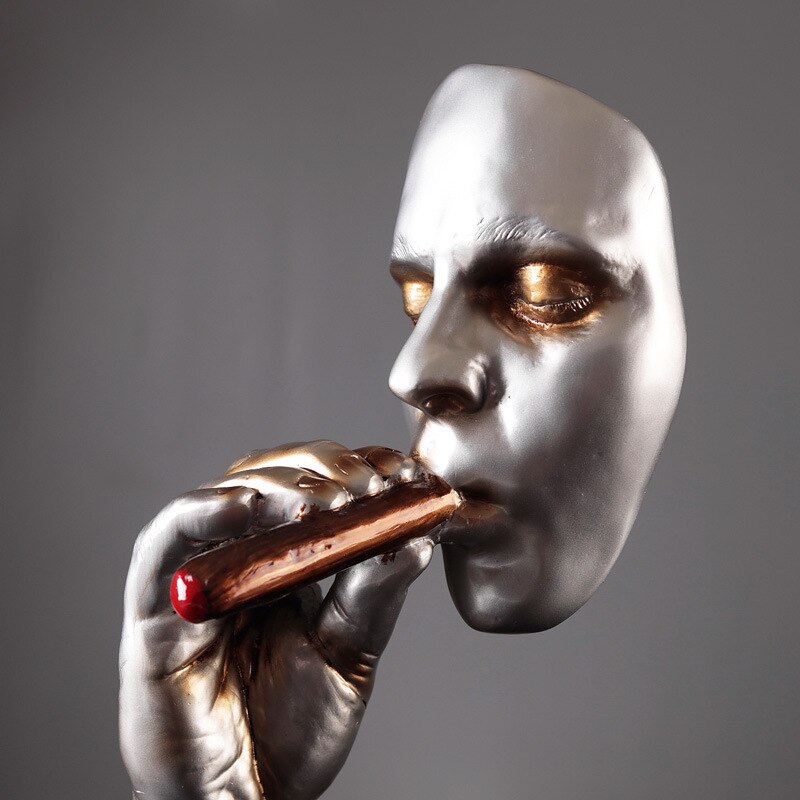 qgtao  Retro editators Abstract Sculpture an Smoking Cigar Creative Face Statue Character Resin Figurine Artwork Home Decorations