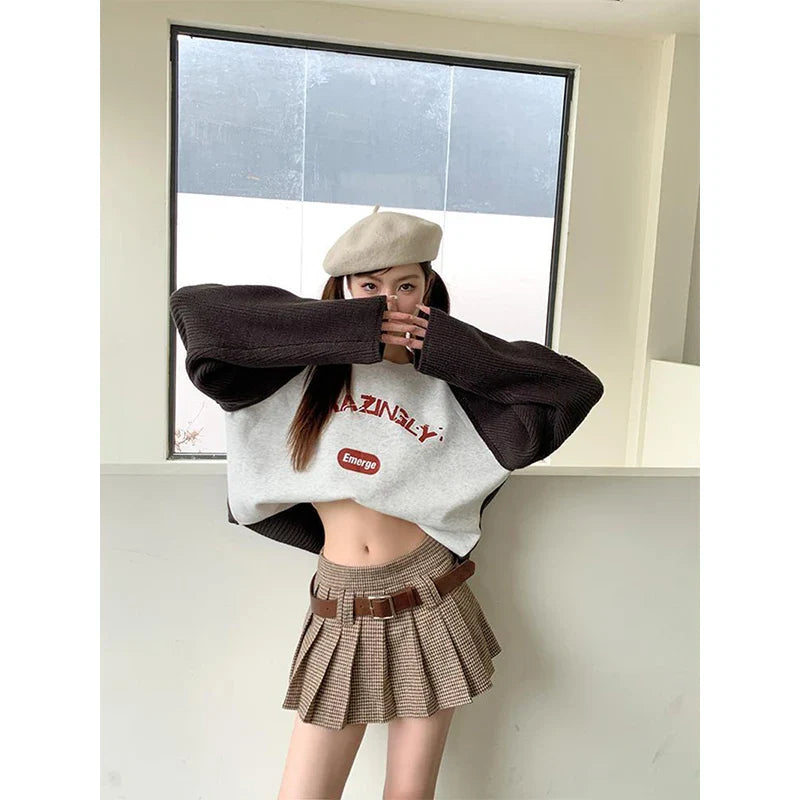 qgtao Vintage Plaid Mini Skirt Women Y2K Houndstooth Belt Pleated Skirts Streetwear Harajuku 90S High Waist A Line Short Skirt