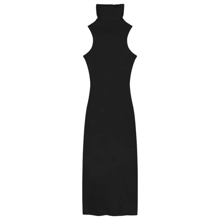 qgtao Summer Black Skinny Dress Women 2023 Sexy Party Bodycon Long Dress Turtleneck Tight Midi Dresses Sleeveless