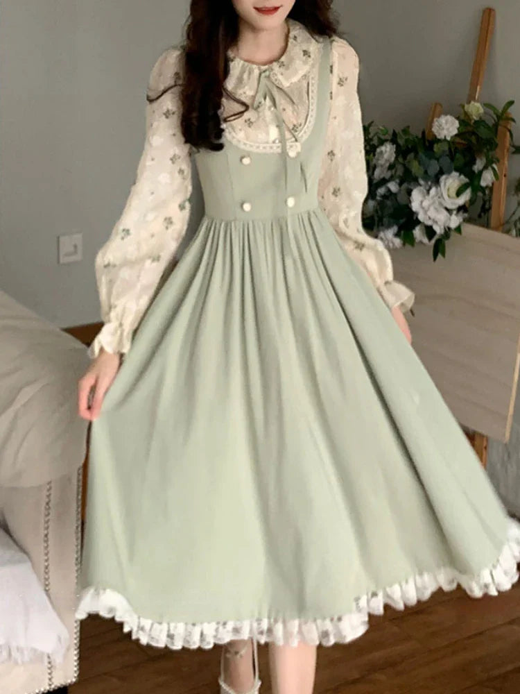 qgtao Green Elegant Vintage Strap Dress Women 2024 Spring Lace Evening Party Midi Dresses Ladies Retro Korean Sweet Kawaii Fairy Dress