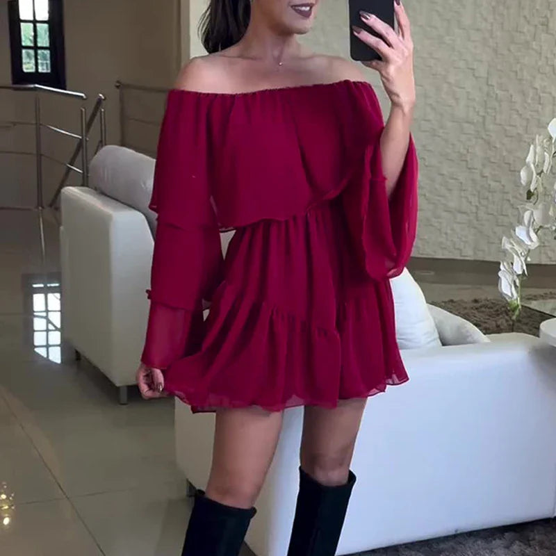 qgtao  -  Women Elegant Backless Draped A-Line Dress Sexy One Shoulder Elastic Waist Mini Dress Casual Flare Long Sleeve Solid Short Dress