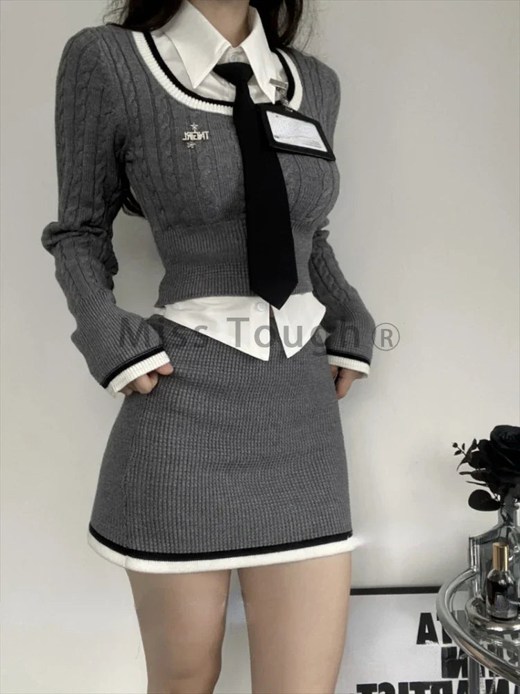 qgtao Korean Style Fashion 3 Piece Set Women Knitted Kawaii Sweet Mini Skirt Suit Female Long Sleeve Vintage Sexy Clothing 2024 Autumn