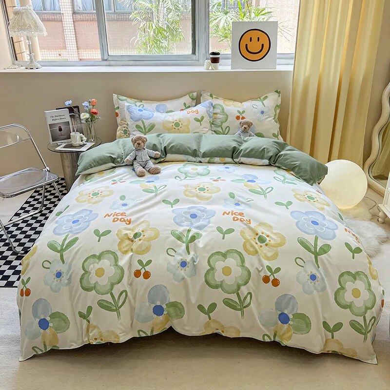 Yeknu - Floral Printed Duvet Cover Set with Sheet Pillowcases Warm Cute Cartoon Bed Linen Full Queen Size Home Gift Bedding Set