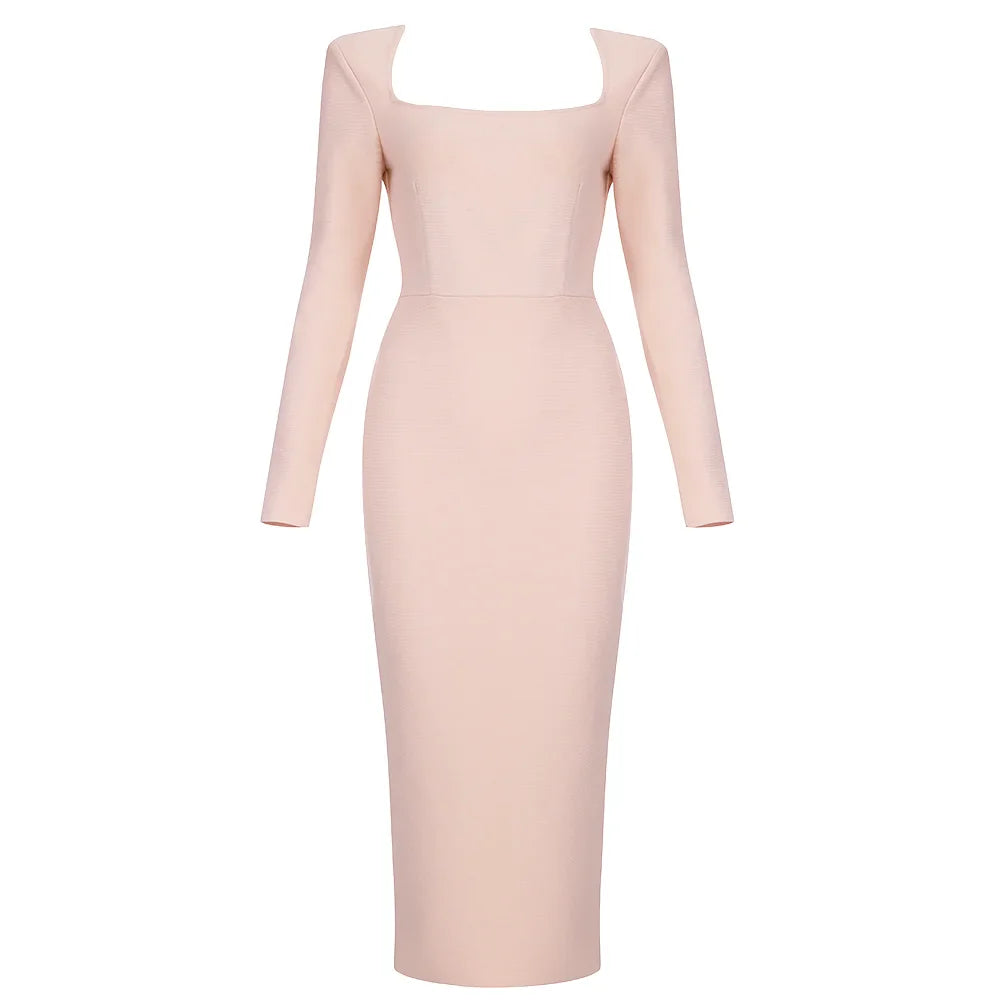 qgtao Women 2024 Summer Bandage Dress Sexy Long Sleeve Pink Bodycon Elegant Club Celebrity Runway Evening Midi Party Dresses