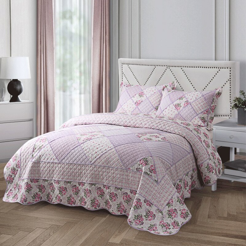 Yeknu Single Double Bed 100%Cotton Purple 3pcs Printed Quilted Quilt Pillowcase Free Shipping lençol de cama casal أسرّة