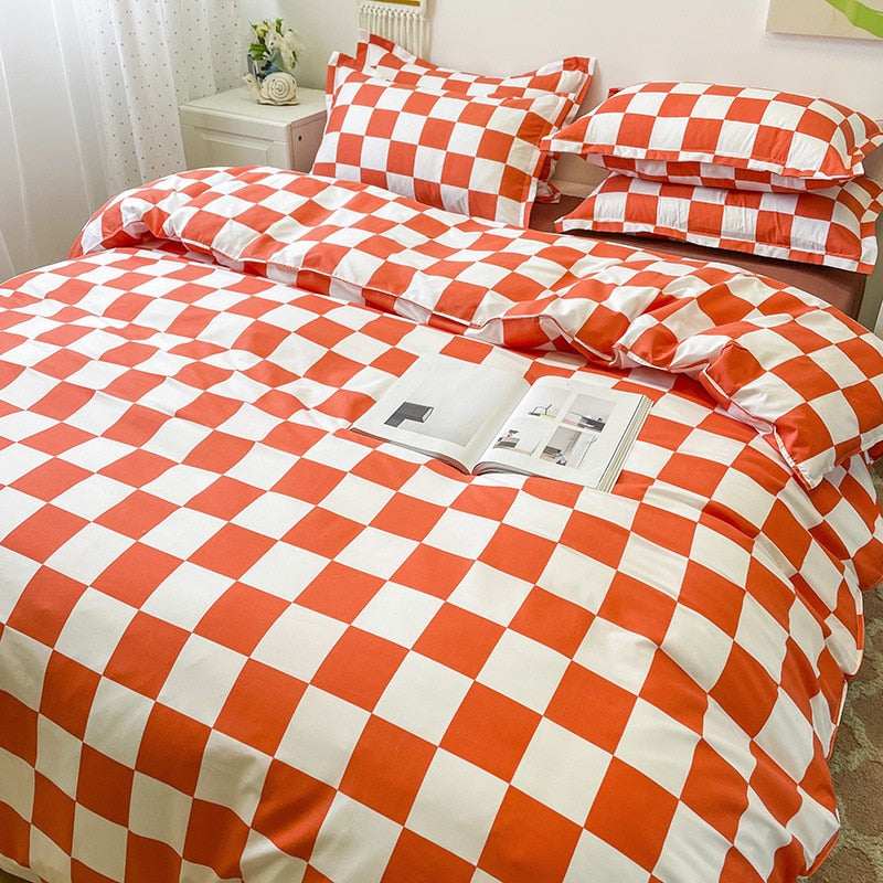 Yeknu King Size Bedding Set with Quilt Cover Flat Sheet Pillowcase Kids Girls Boys Checkerboard Pinted Single Double Bed Linen