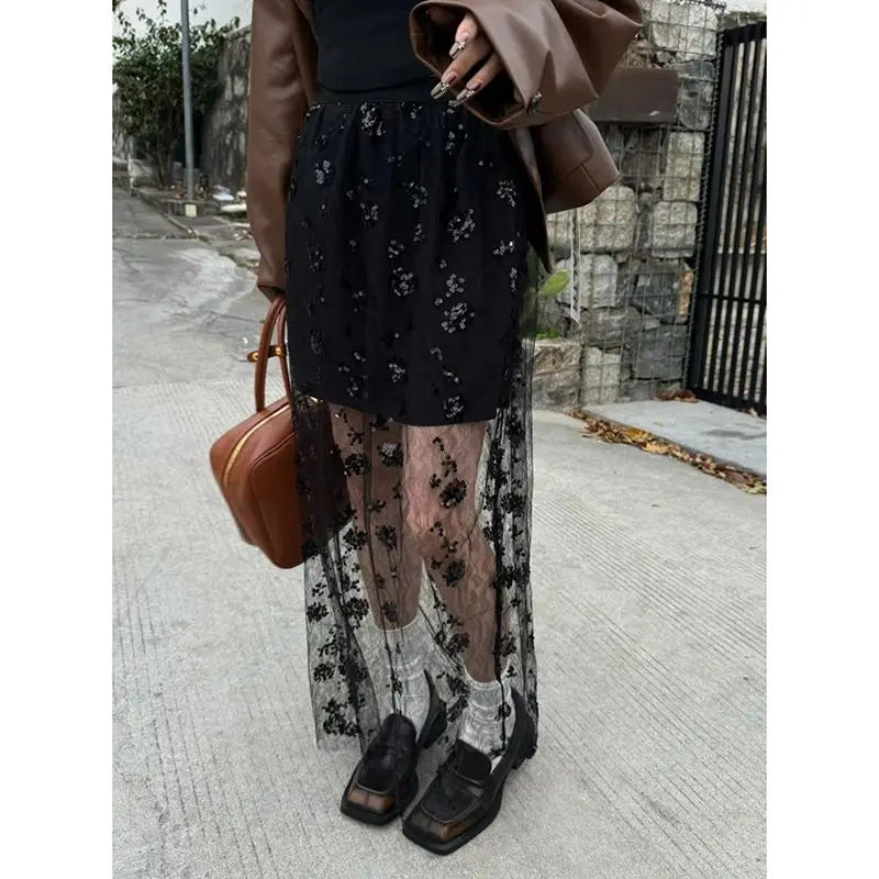 qgtao  See Through Long Skirt Women White Korean Fashion High Waist A-line Sequin Lace Patchwork Sexy Transparent Mesh Skirt