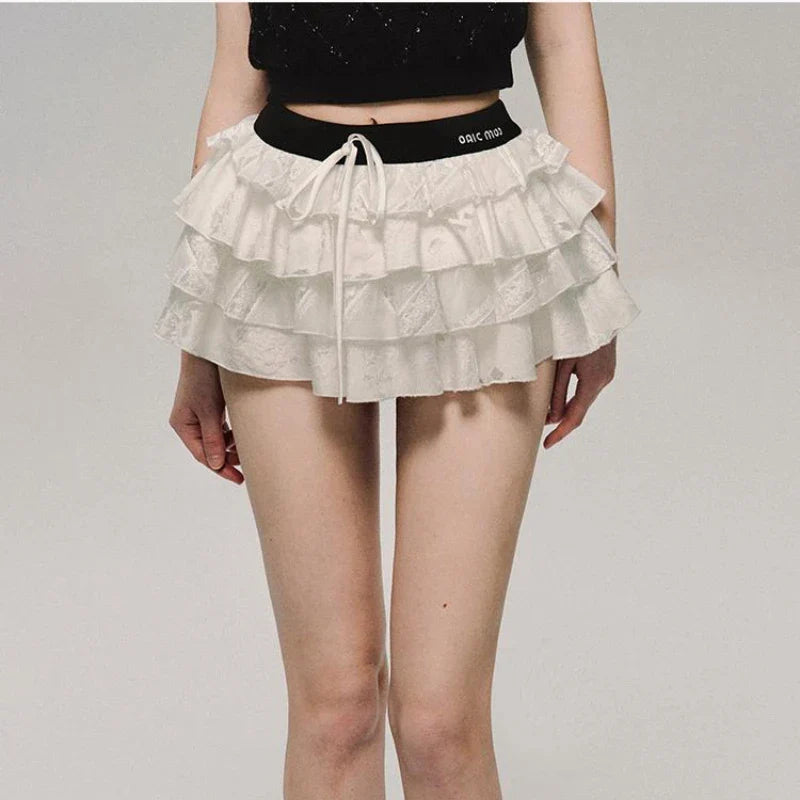 qgtao Kawaii Sexy Ruffle White Mini Skirt Fairycore Cake Pleated Lace Up Short Skirts Coquette Casual Layered Patchwork Skirt