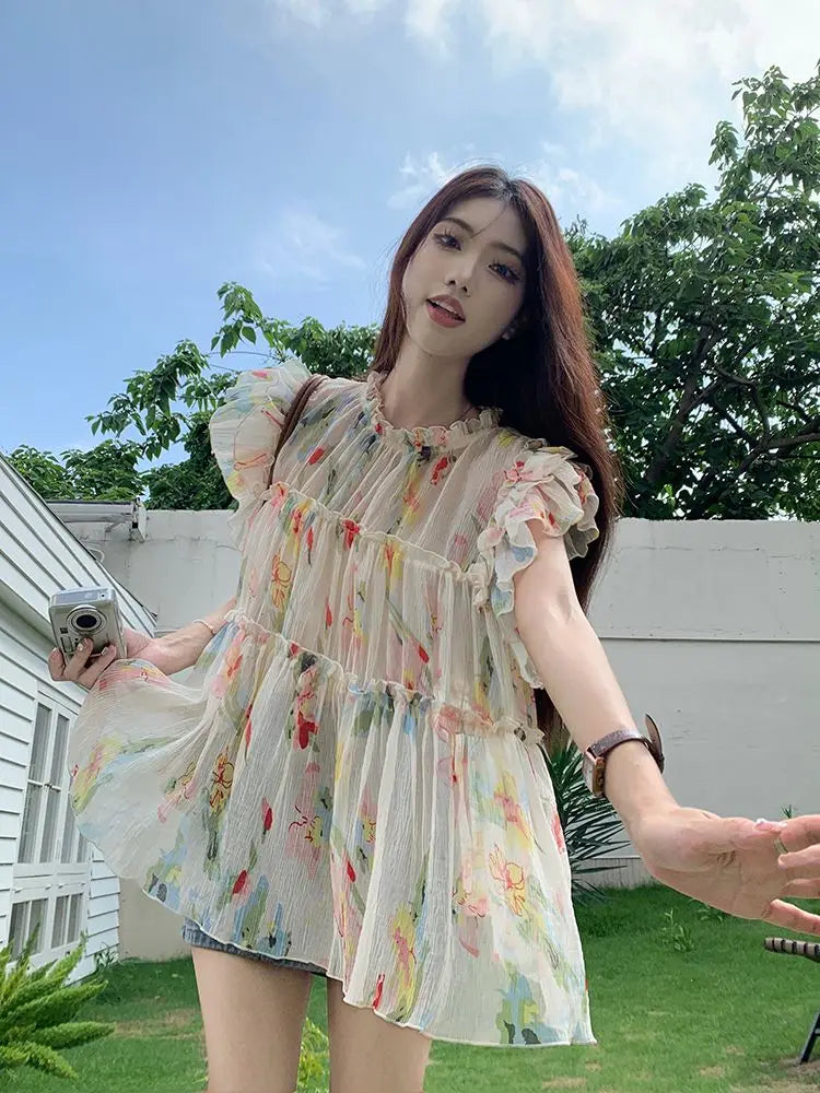 qgtao  -  Elegant Floral Print Chiffon Beautiful Blouse Women Flying Sleeve Shirt Spring Summer Fairycore Pleated Tops Aesthetic