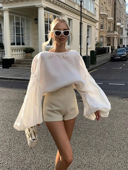 qgtao  -  Women's Elegant Chiffon Lantern Sleeve Blouse For Women Fashion  Solid Color O Neck Loose Large Fit Tops Commuter Streetwear