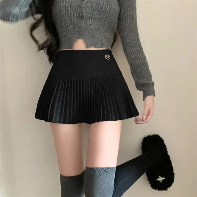 qgtao Fashion Woolen Pleated Skirts Women Korean Chic Sexy High Waist A-Line Skirts Y2K Summer Solid Preppy All Match Mini Skirts