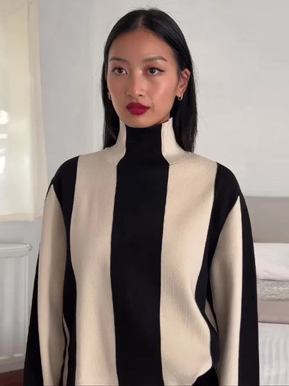 Vertical Stripe Mock Turtleneck Sweater For Women Autumn O-neck Long Sleeve Knitter Pullover Vintage Fashion Commute Jumpers