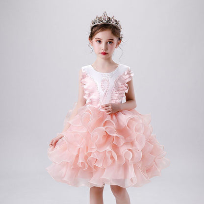 Princess Dress Red Black Swan Evening Dress+Crown Gril Dress Beaded Swan Dance Costume Short TuTu Dress Kids Tulle Summer Dress
