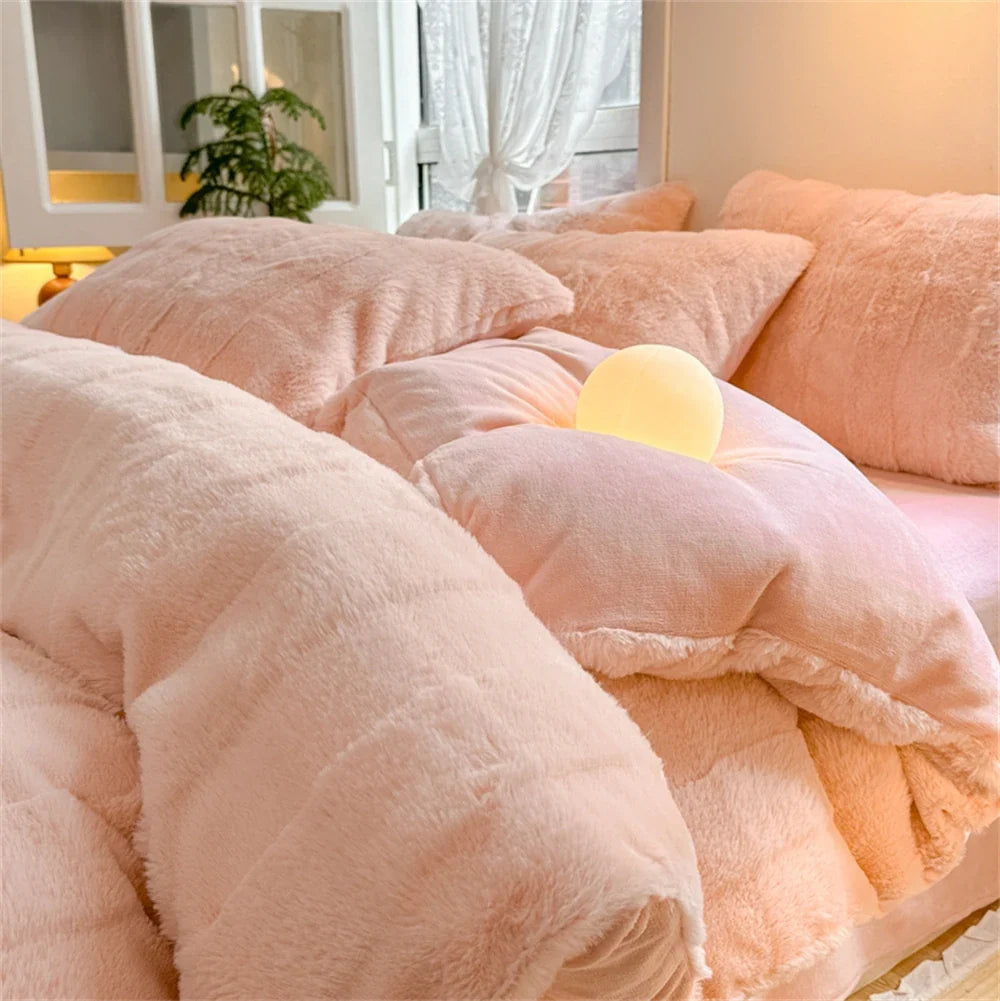 Yeknu Rabbit Plush Bedding Sets Milk Velvet Warm Four Piece Set Thicken Quilt Cover Bed Linen Pillowcase King Bedroom Decor