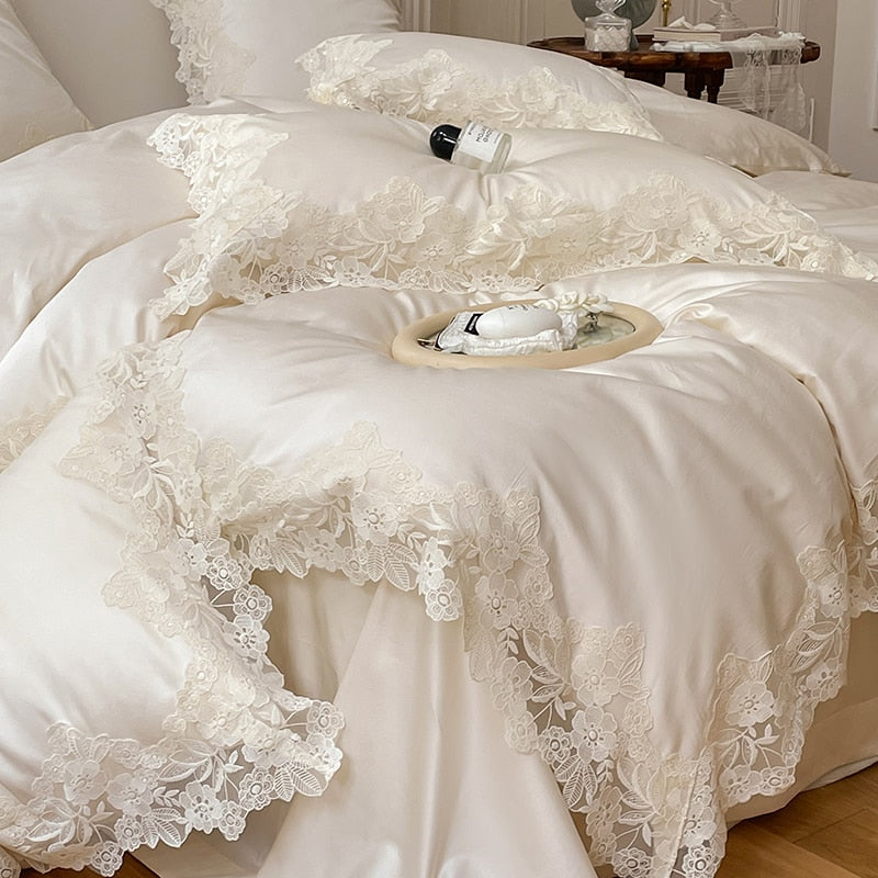 Yeknu - Romantic French Wedding Chic Flowers Lace Edge Woman Bedding Set 1000TC Egyptian Cotton Girl Duvet Cover Bed Sheet Pillowcases