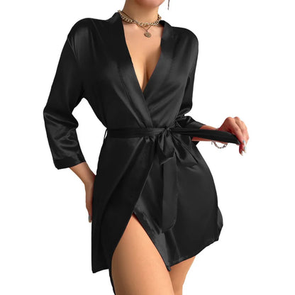 qgtao Womens V-Neck Sexy Silk Robe With Belt Short Satin Kimono Robe Sleepwear Bathrobe Bridesmaid Party Dressing Gown 2024 plus